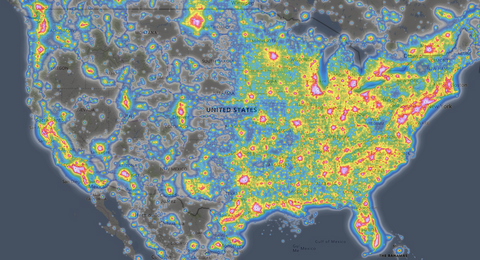 Light pollution map of the United States