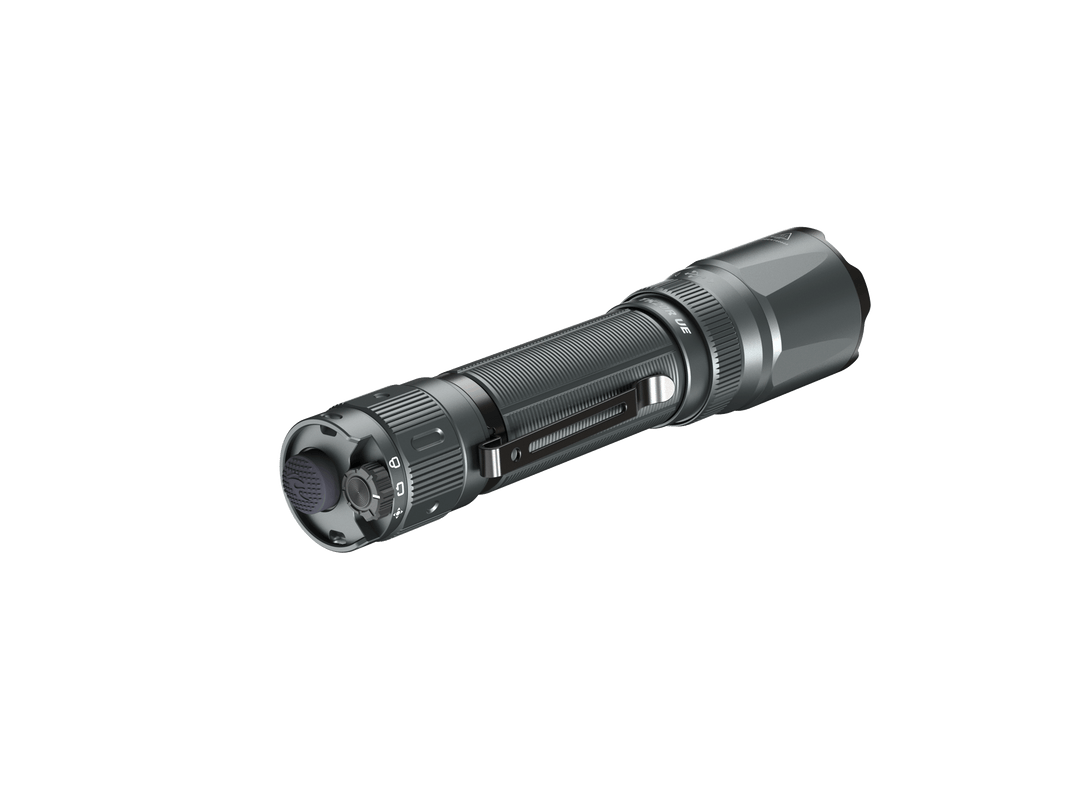 Fenix TK20R UE Flashlight in City Gray as viewed from the back