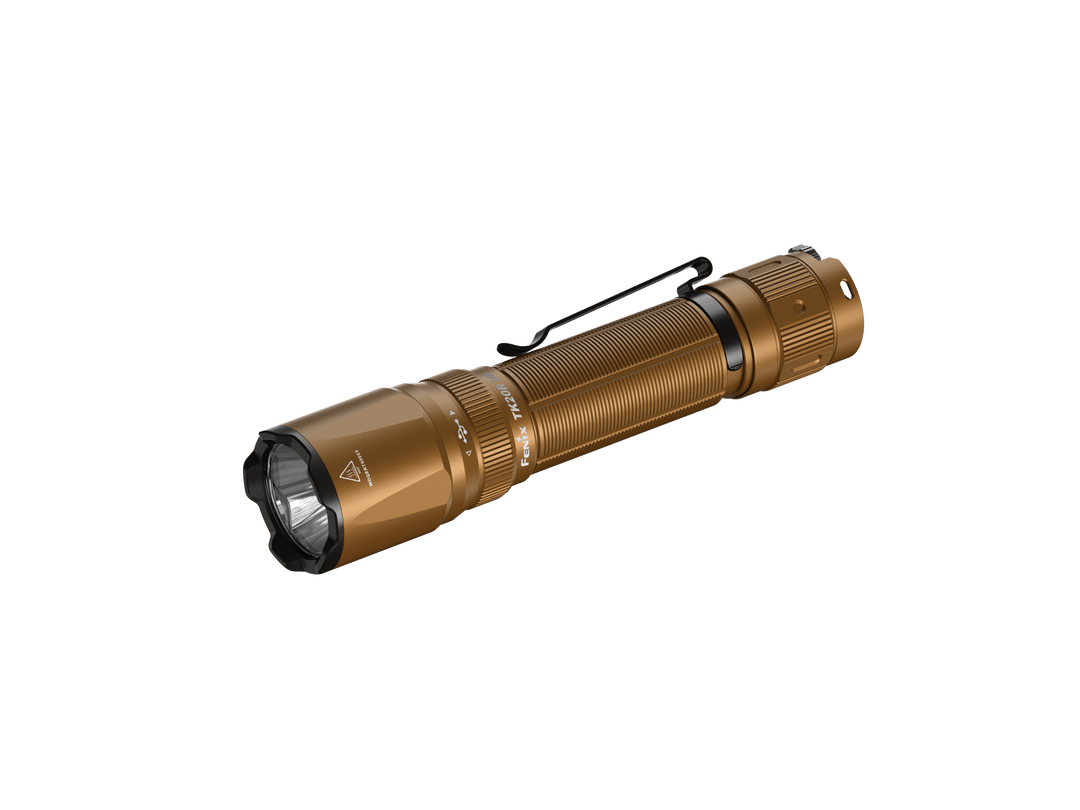 Fenix TK20R UE Flashlight in Desert Tan as viewed from the side