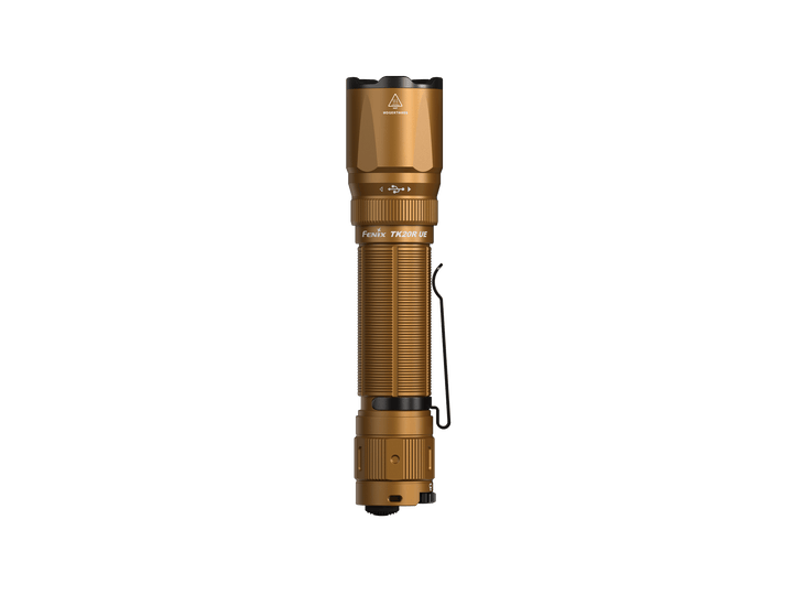 Fenix TK20R UE Flashlight in Desert Tan as viewed from the top