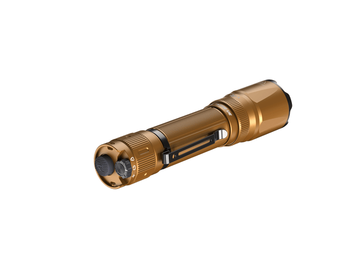 Fenix TK20R UE Flashlight in Desert Tan as viewed from the back